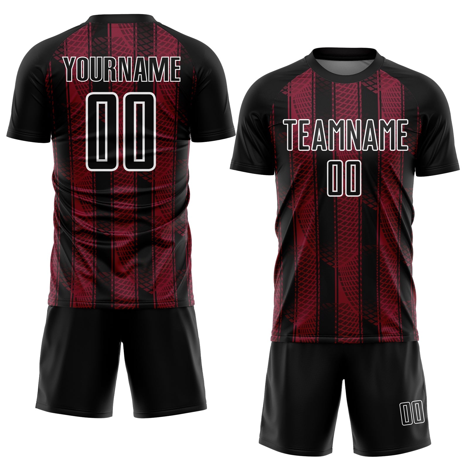 Custom Black Crimson-White Abstract Network Sublimation Soccer Uniform Jersey view 2