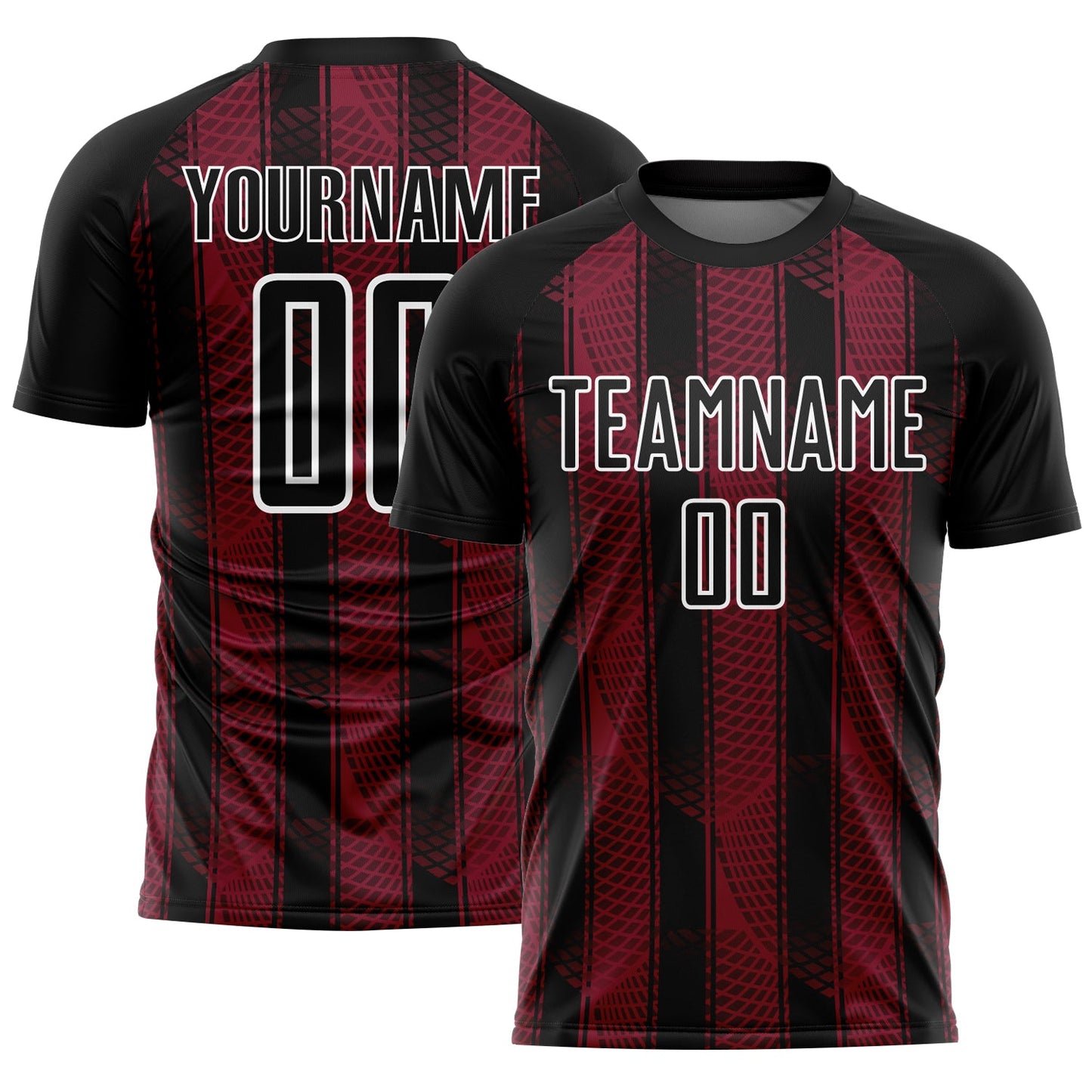 Custom Black Crimson-White Abstract Network Sublimation Soccer Uniform Jersey - Main View