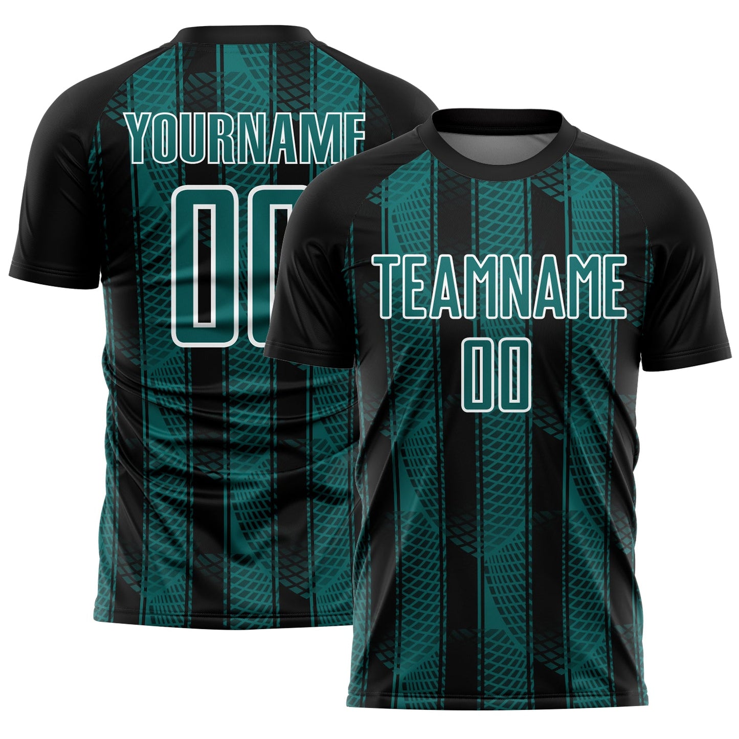 Custom Black Teal-White Abstract Network Sublimation Soccer Uniform Jersey - Main View
