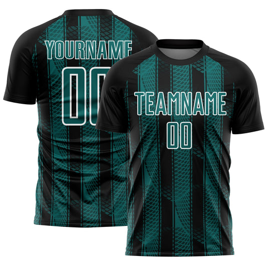 Custom Black Teal-White Abstract Network Sublimation Soccer Uniform Jersey - Main View