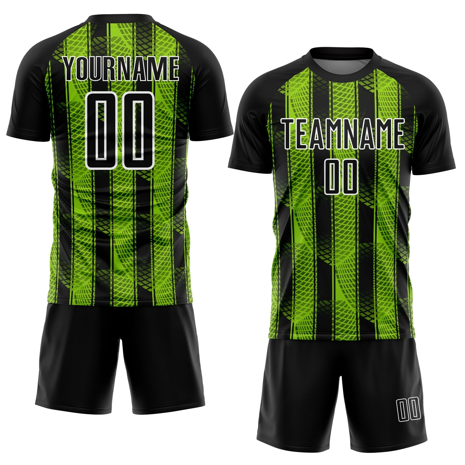 Custom Black Neon Green-White Abstract Network Sublimation Soccer Uniform Jersey view 2