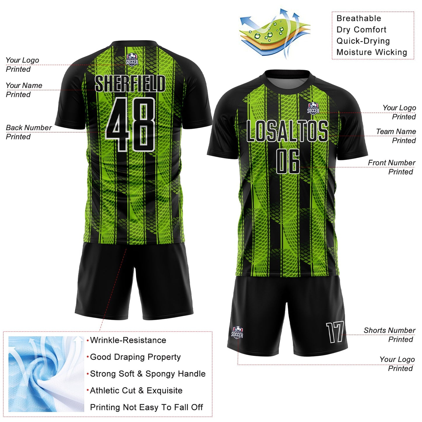 Custom Black Neon Green-White Abstract Network Sublimation Soccer Uniform Jersey view 4