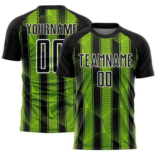 Custom Black Neon Green-White Abstract Network Sublimation Soccer Uniform Jersey - Main View