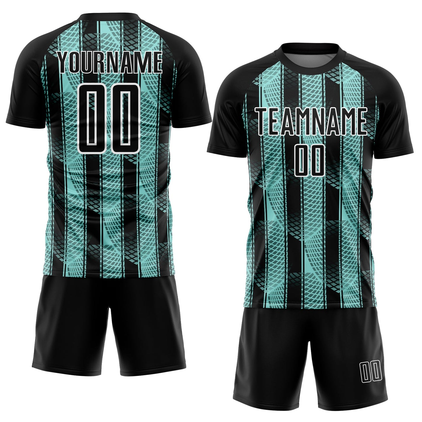Custom Black Ice Blue-White Abstract Network Sublimation Soccer Uniform Jersey view 2