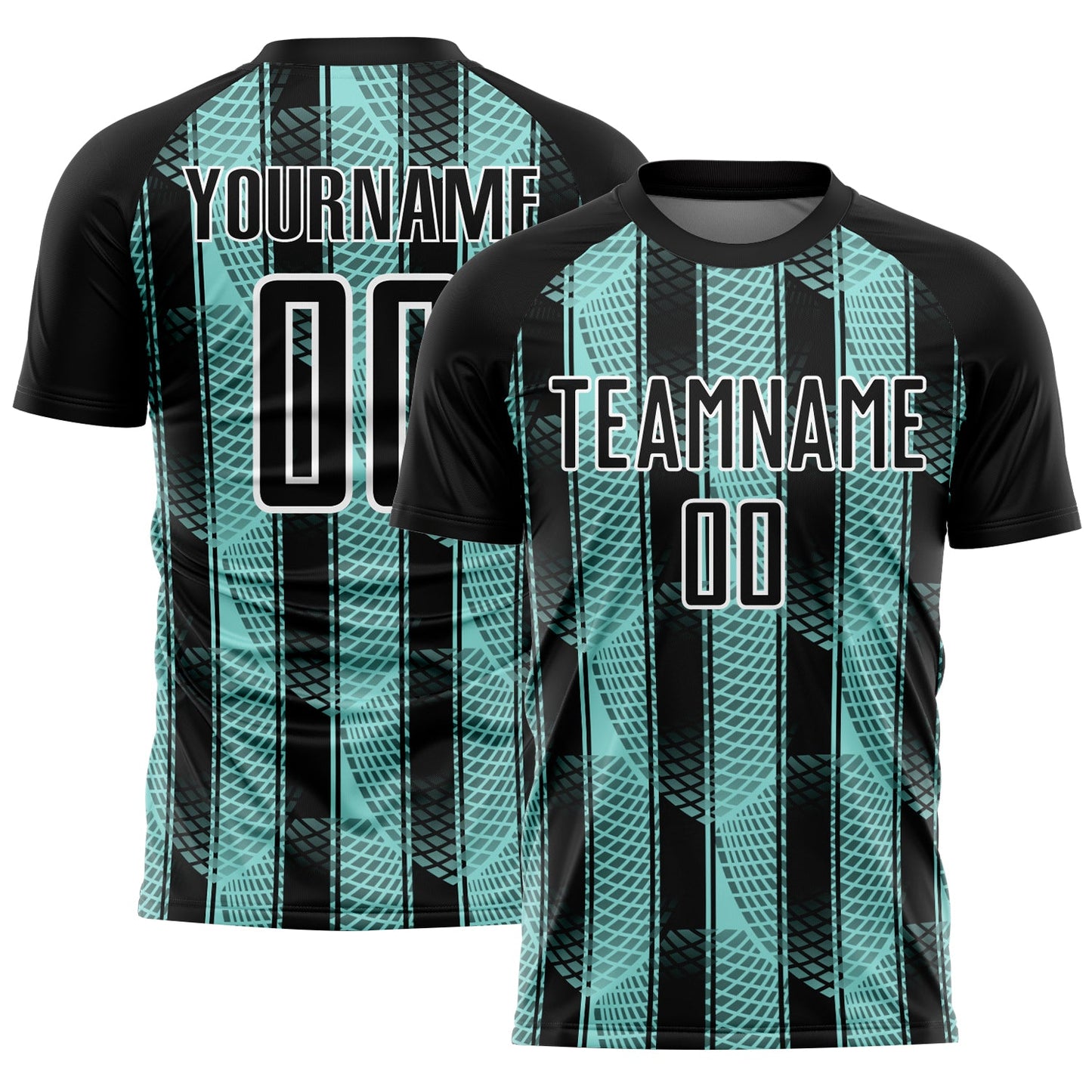 Custom Black Ice Blue-White Abstract Network Sublimation Soccer Uniform Jersey - Main View