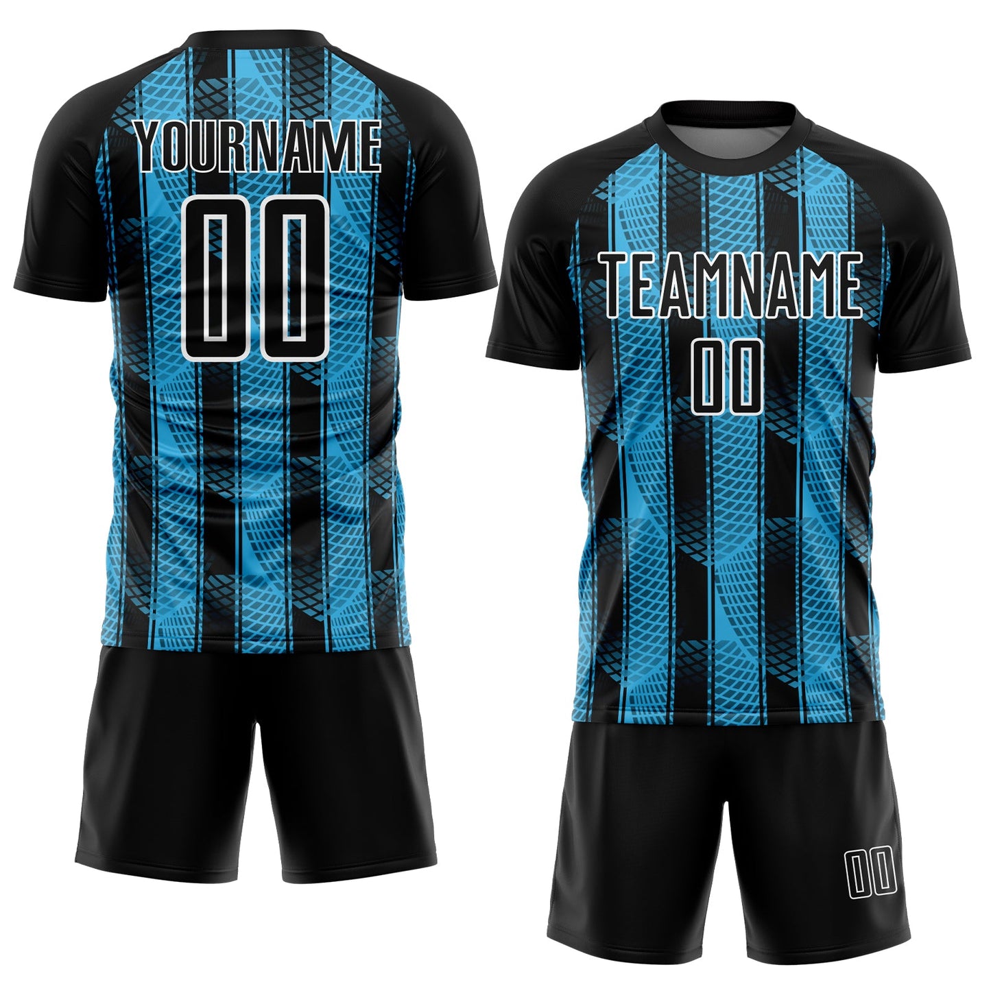 Custom Black Sky Blue-White Abstract Network Sublimation Soccer Uniform Jersey view 2