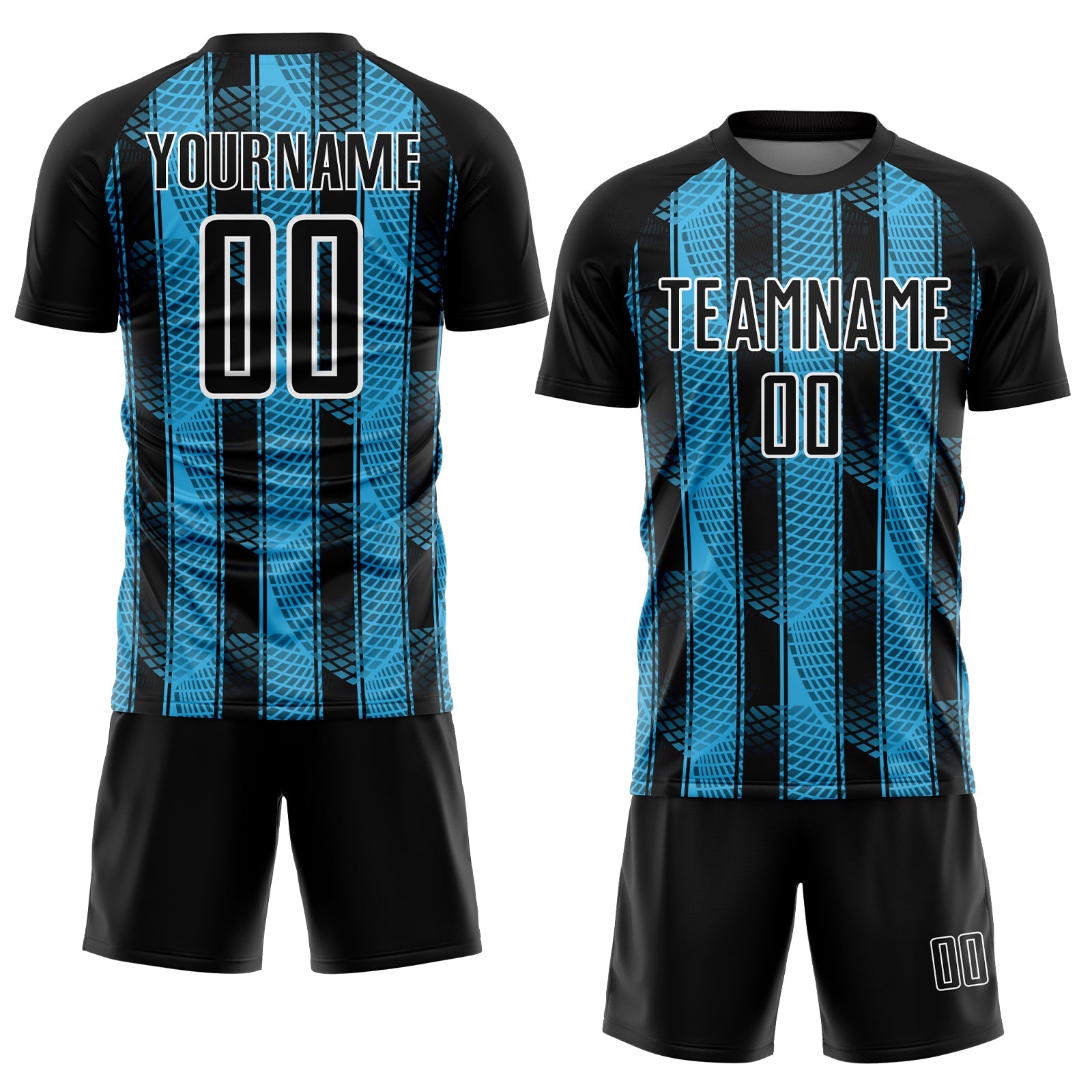 Custom Black Sky Blue-White Abstract Network Sublimation Soccer Uniform Jersey view 2