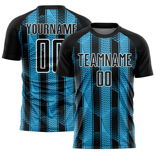 Custom Black Sky Blue-White Abstract Network Sublimation Soccer Uniform Jersey - Main View