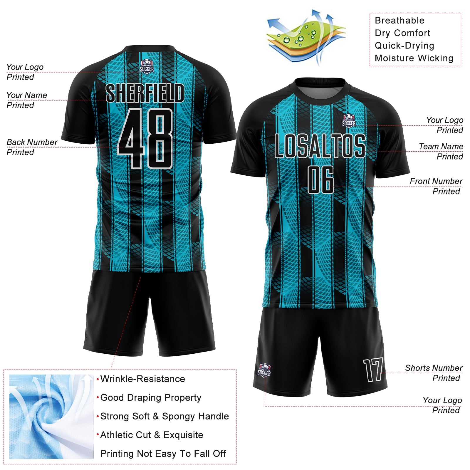 Custom Black Lakes Blue-White Abstract Network Sublimation Soccer Uniform Jersey view 4