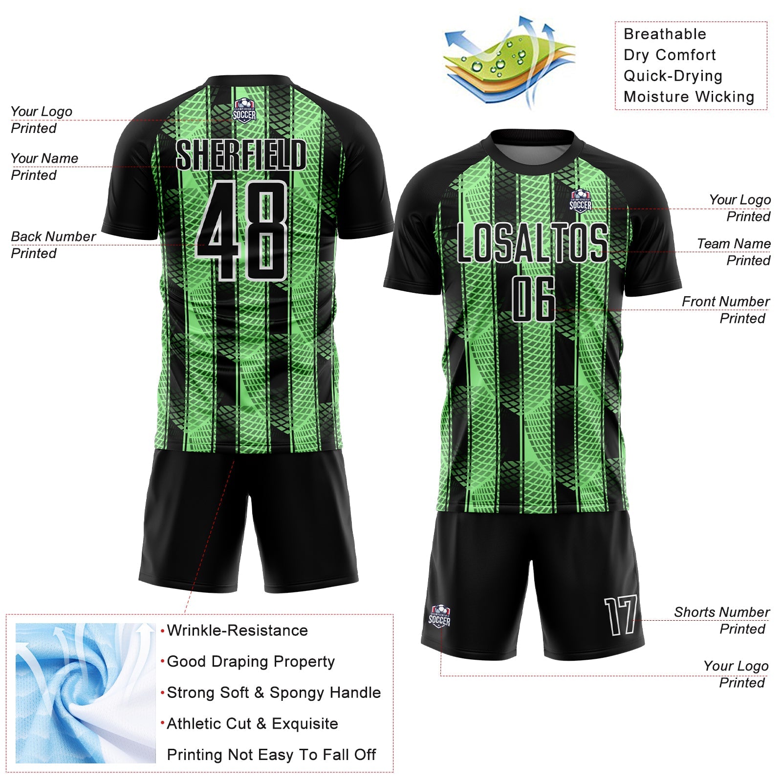 Custom Black Pea Green-White Abstract Network Sublimation Soccer Uniform Jersey view 4