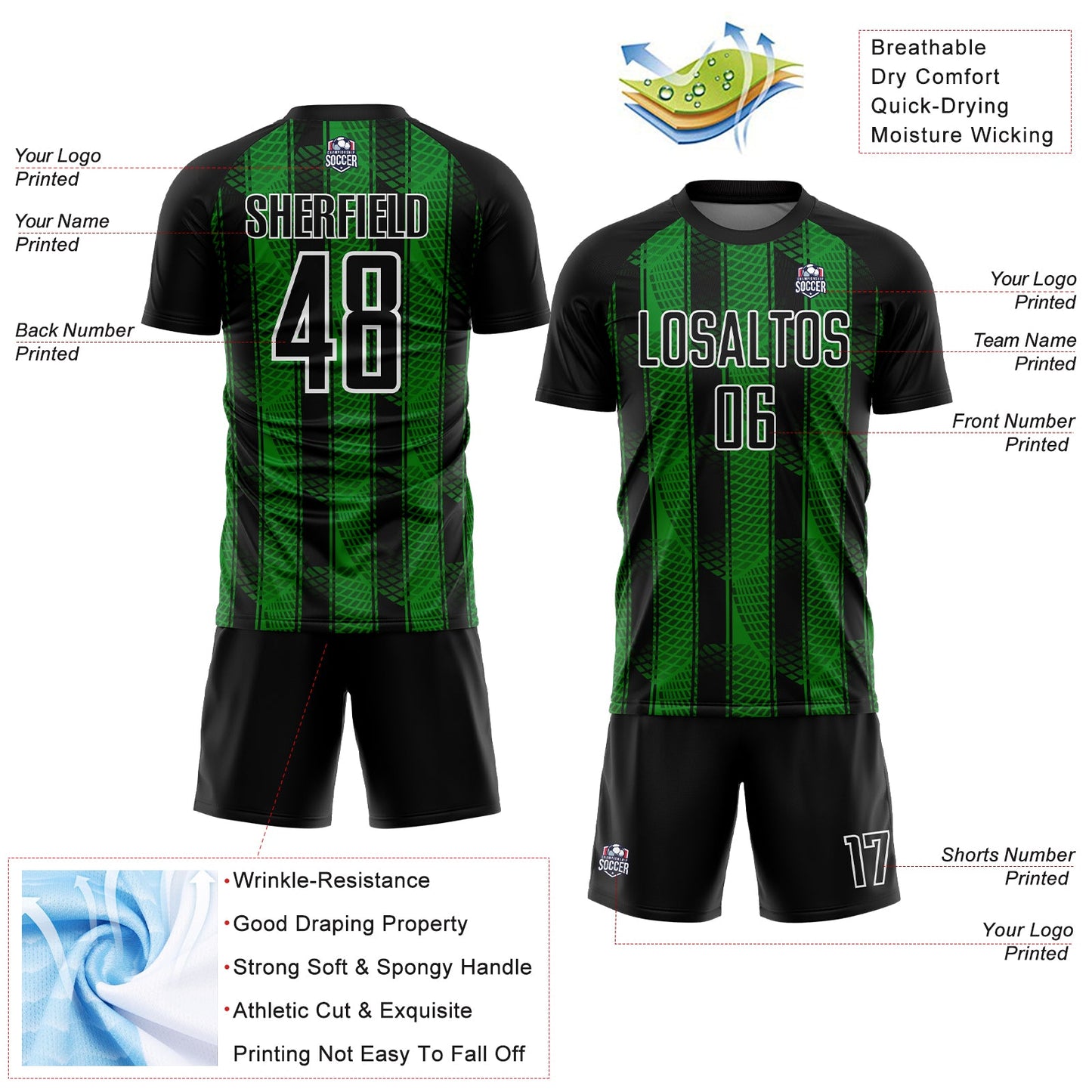 Custom Black Grass Green-White Abstract Network Sublimation Soccer Uniform Jersey view 4