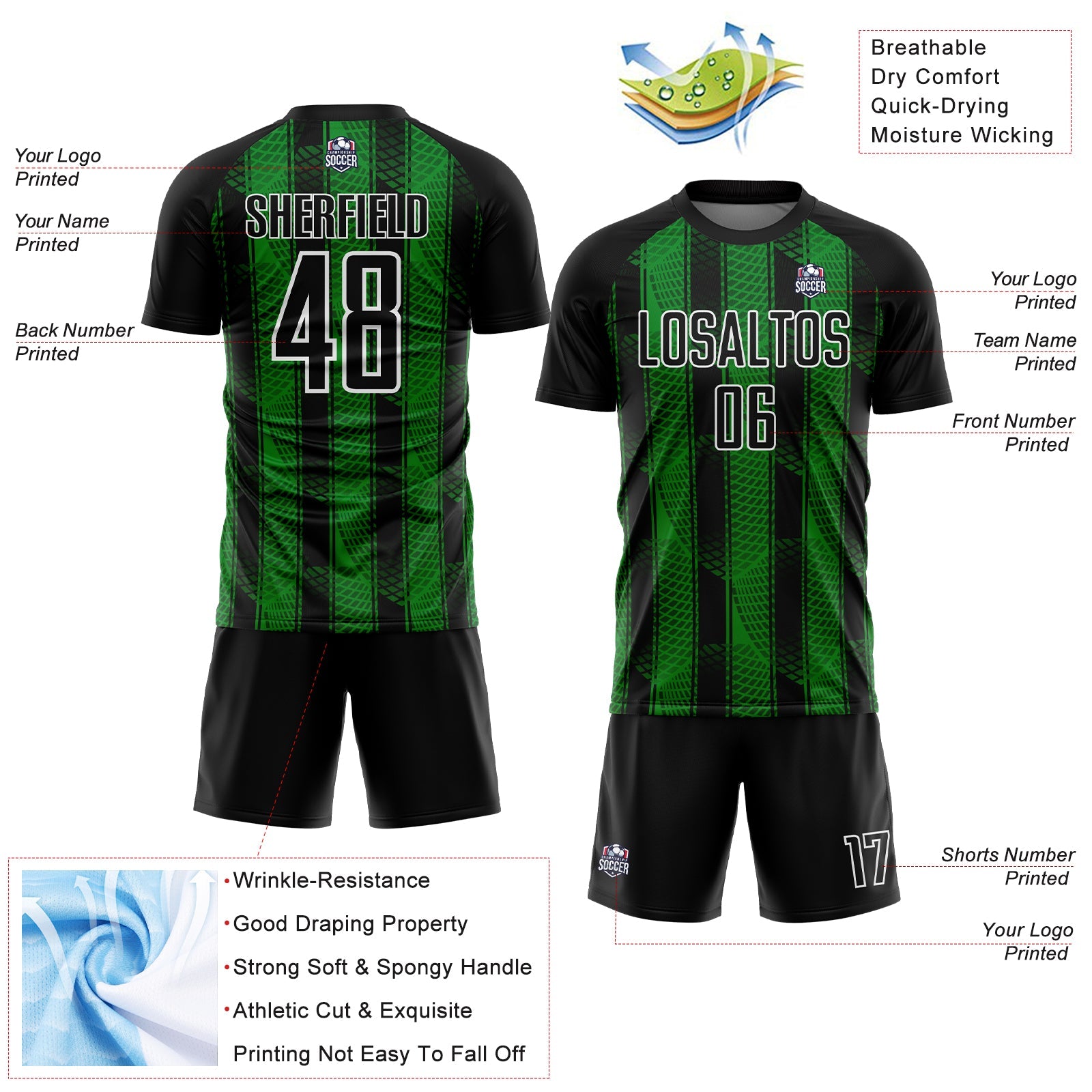Custom Black Grass Green-White Abstract Network Sublimation Soccer Uniform Jersey view 4