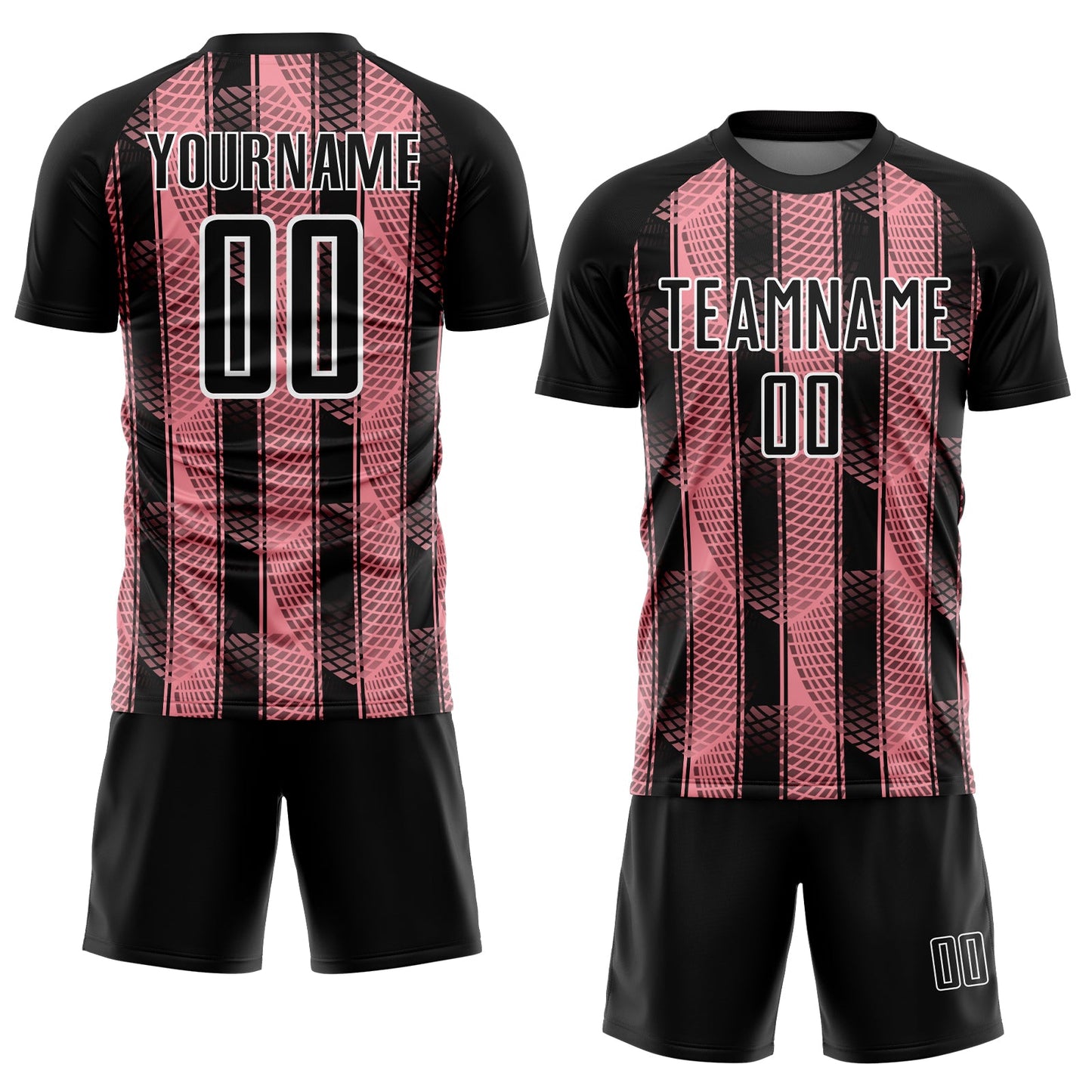 Custom Black Medium Pink-White Abstract Network Sublimation Soccer Uniform Jersey view 2