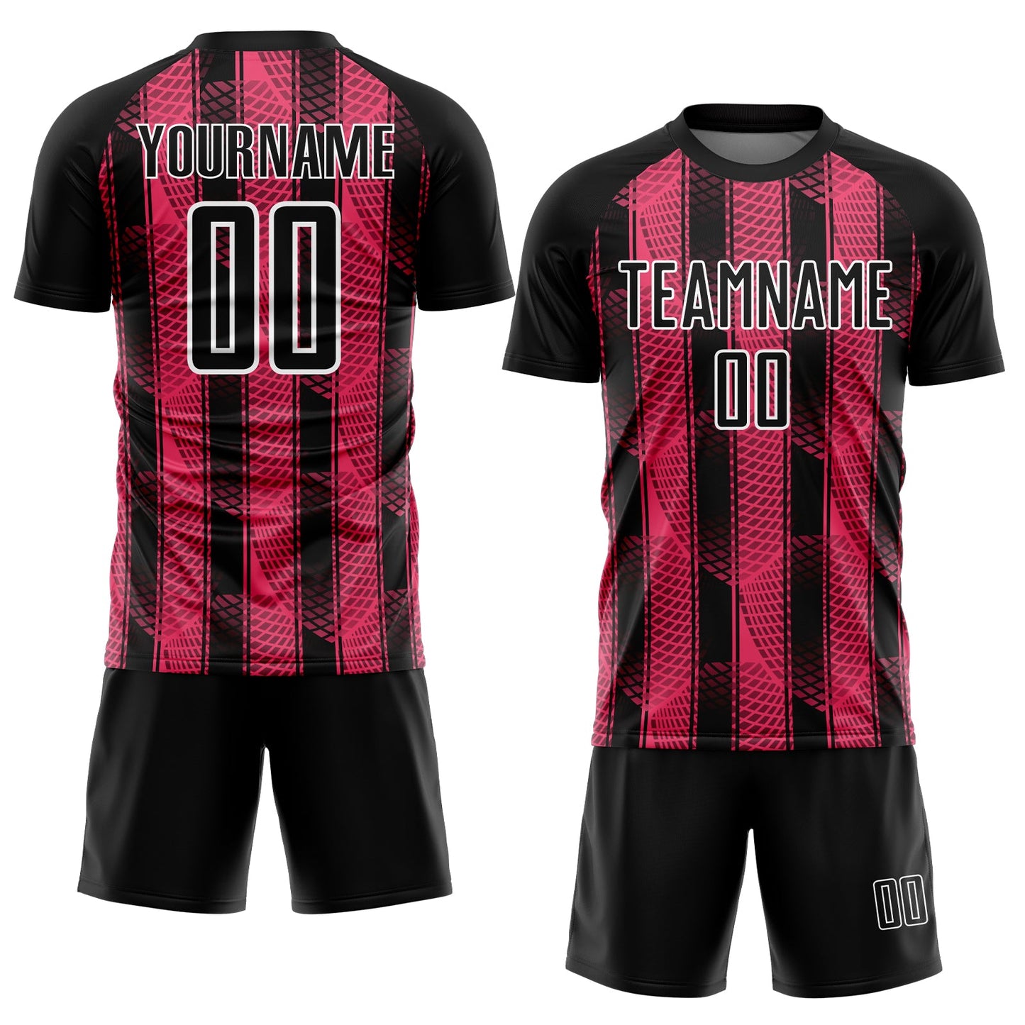 Custom Black Neon Pink-White Abstract Network Sublimation Soccer Uniform Jersey view 2