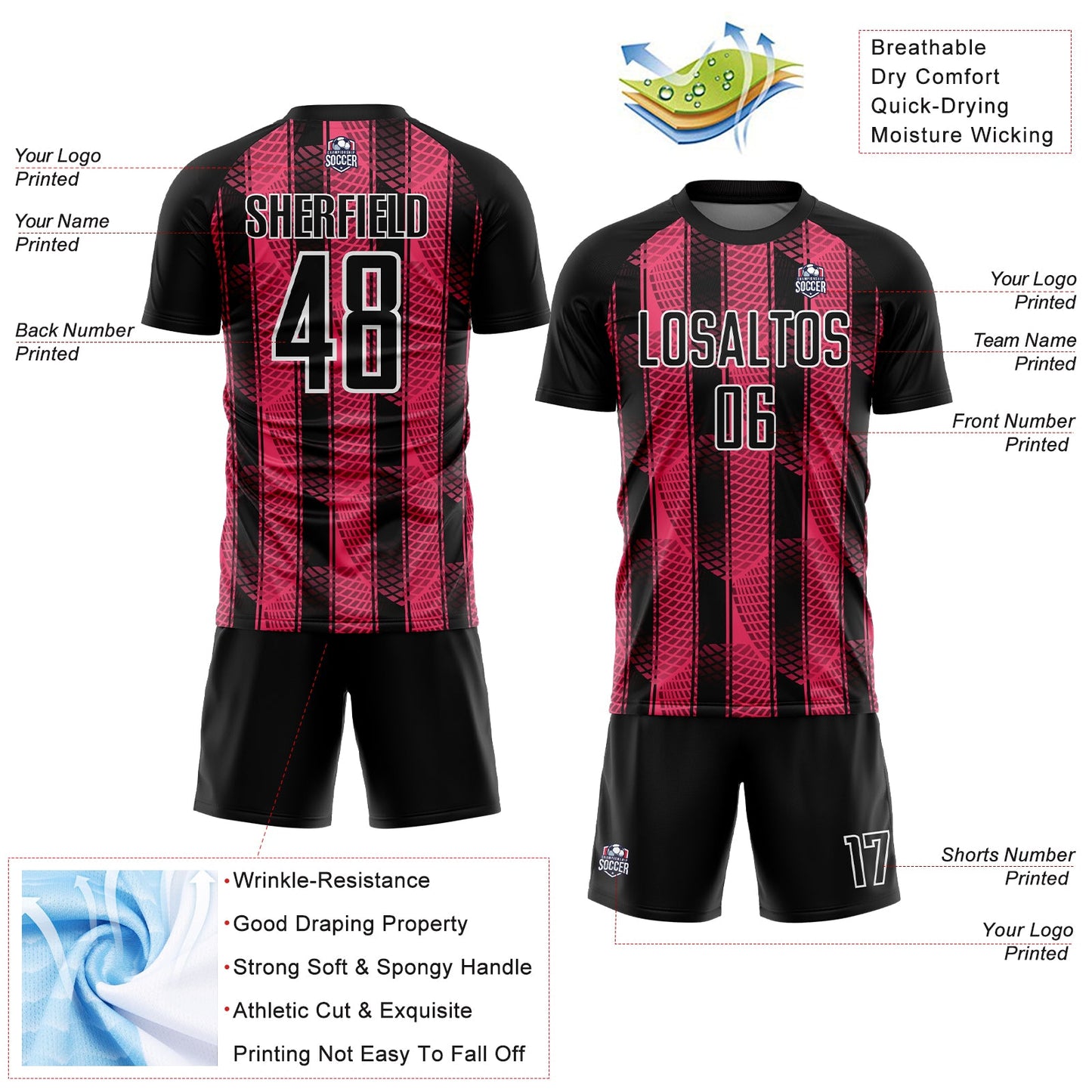 Custom Black Neon Pink-White Abstract Network Sublimation Soccer Uniform Jersey view 4