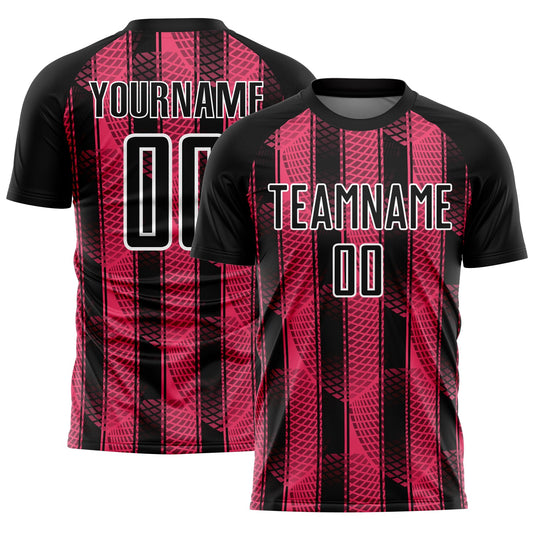 Custom Black Neon Pink-White Abstract Network Sublimation Soccer Uniform Jersey - Main View
