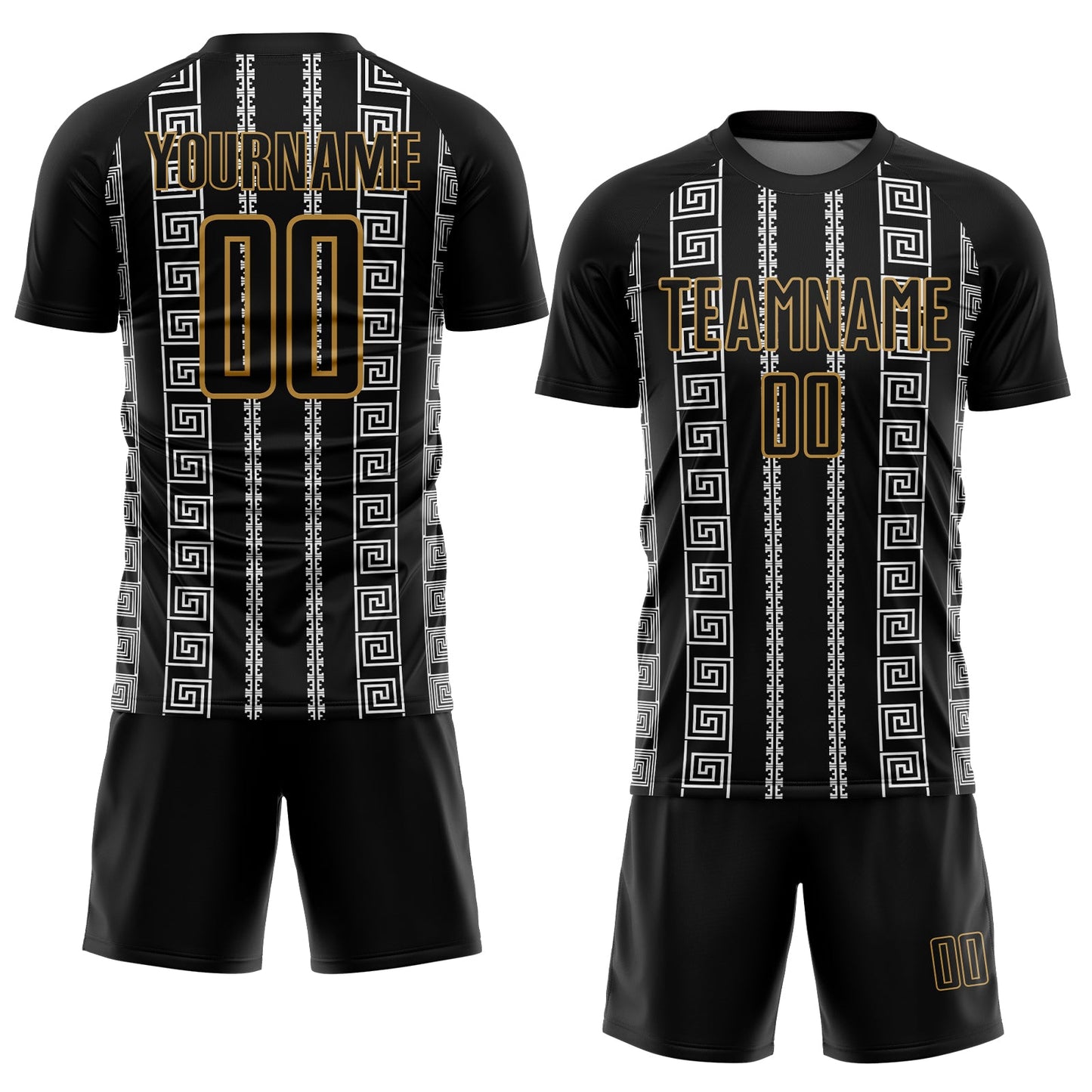 Custom Black Old Gold-White Geometric Shape Sublimation Soccer Uniform Jersey view 2