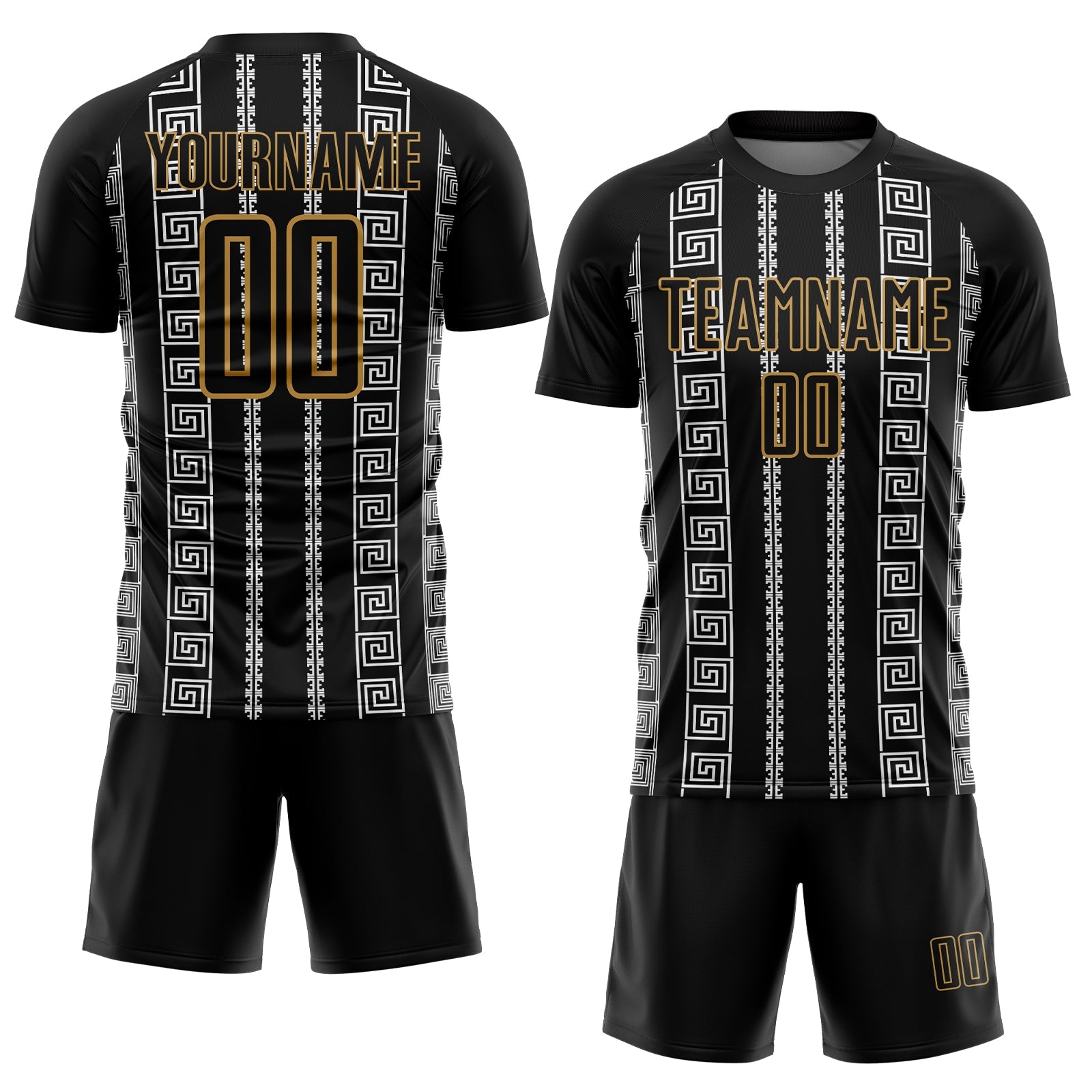 Custom Black Old Gold-White Geometric Shape Sublimation Soccer Uniform Jersey view 2