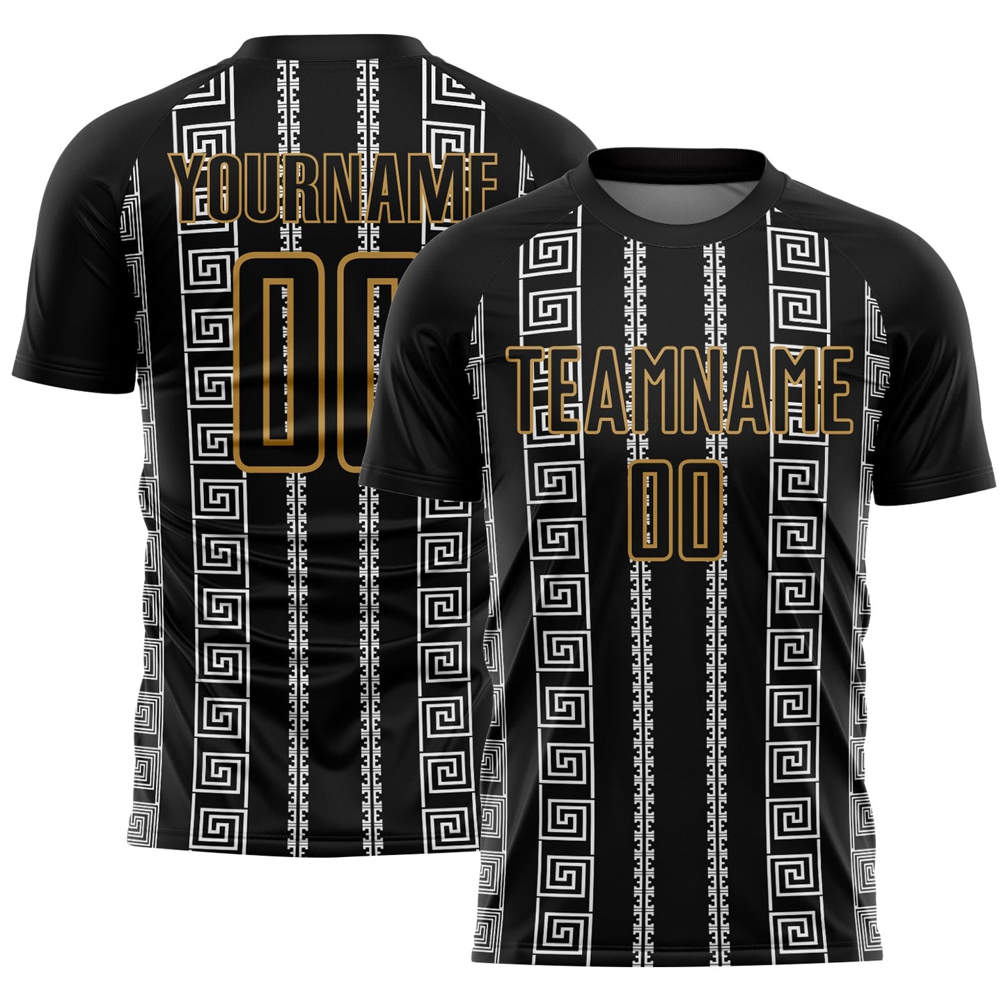 Custom Black Old Gold-White Geometric Shape Sublimation Soccer Uniform Jersey - Main View