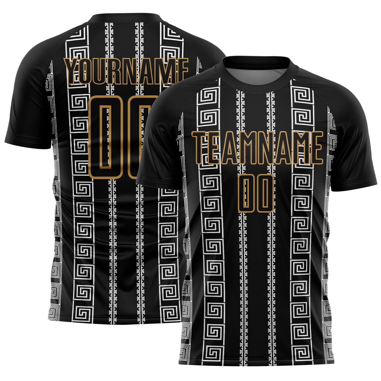 Custom Black Old Gold-White Geometric Shape Sublimation Soccer Uniform Jersey - Main View