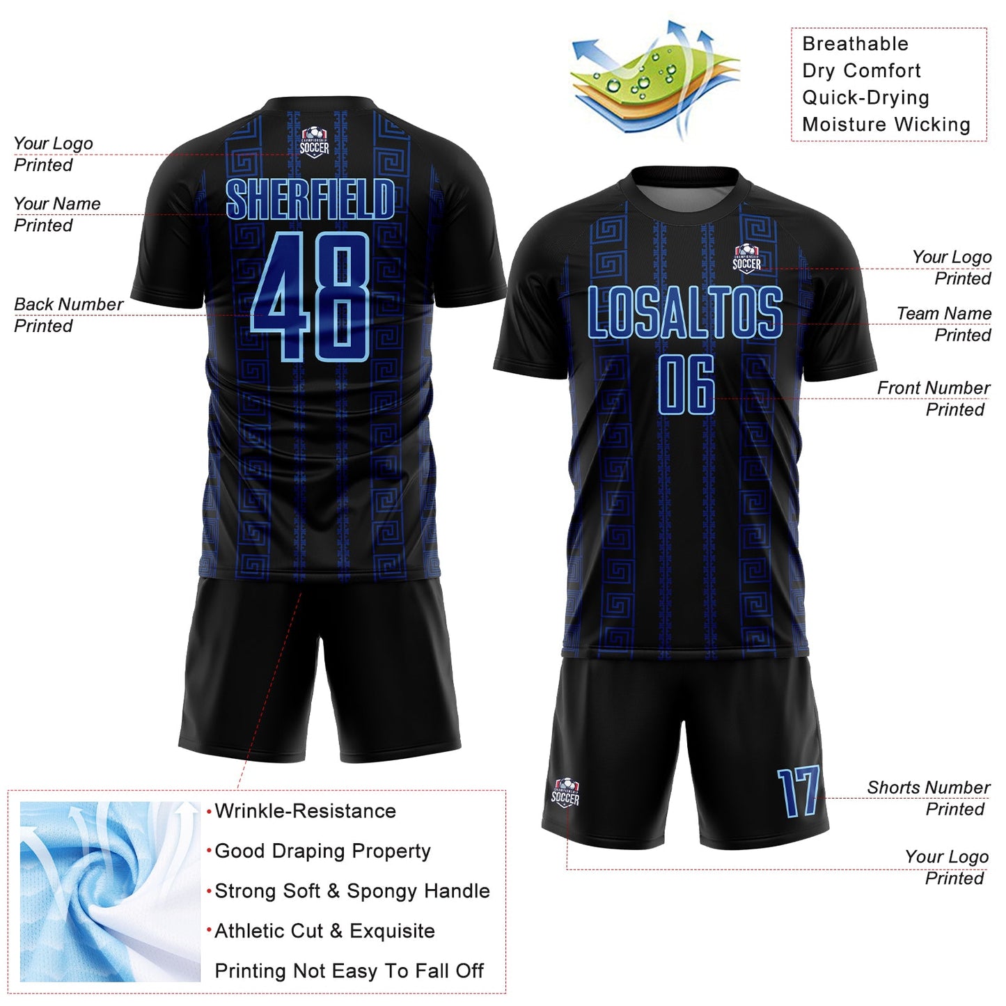 Custom Black Royal-Light Blue Geometric Shape Sublimation Soccer Uniform Jersey view 4