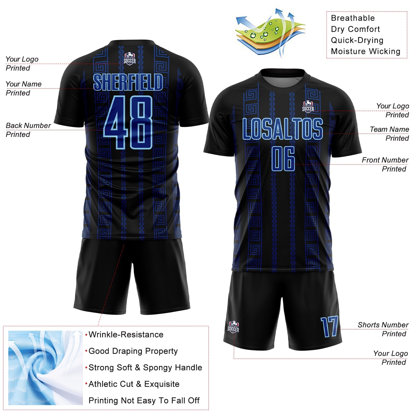 Custom Black Royal-Light Blue Geometric Shape Sublimation Soccer Uniform Jersey view 4