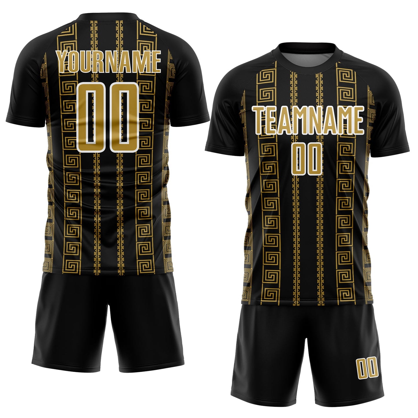 Custom Black Old Gold-White Geometric Shape Sublimation Soccer Uniform Jersey view 2