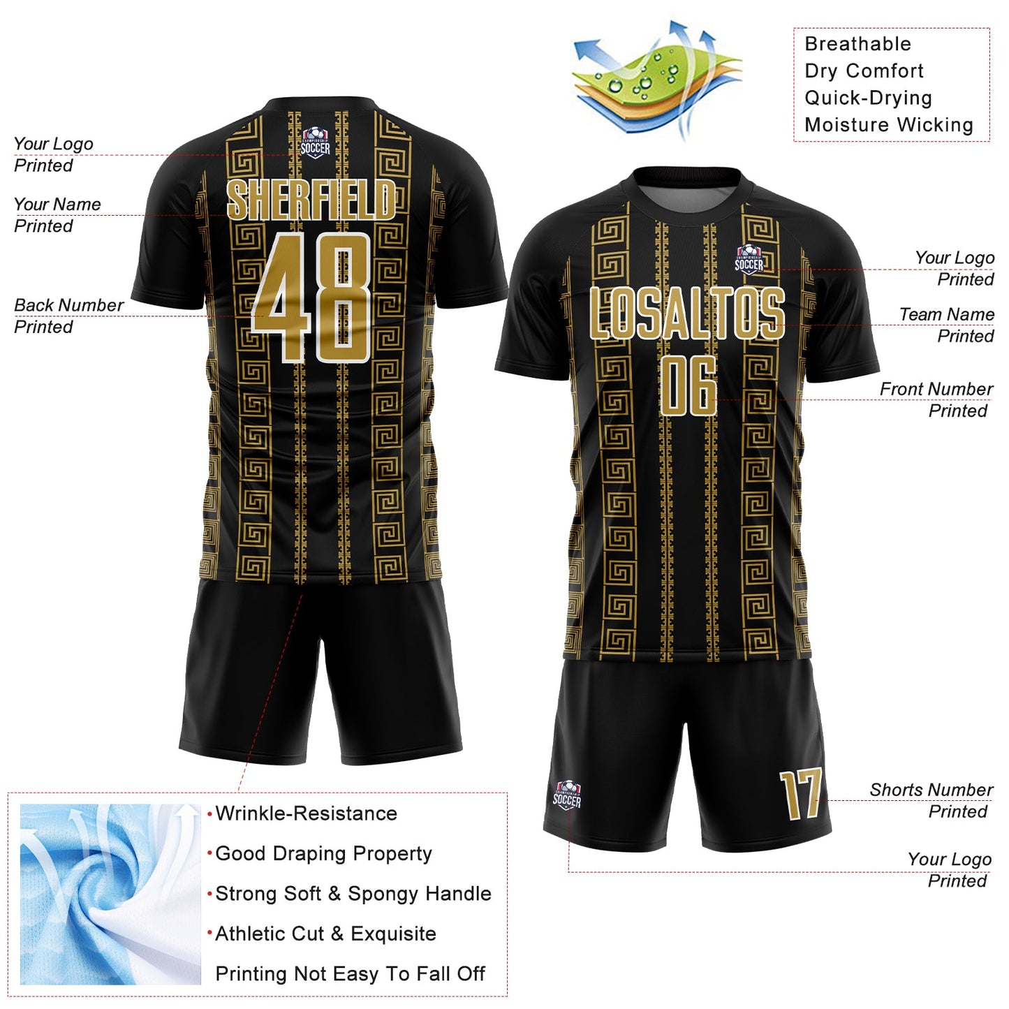 Custom Black Old Gold-White Geometric Shape Sublimation Soccer Uniform Jersey view 4