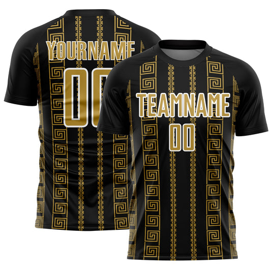 Custom Black Old Gold-White Geometric Shape Sublimation Soccer Uniform Jersey - Main View