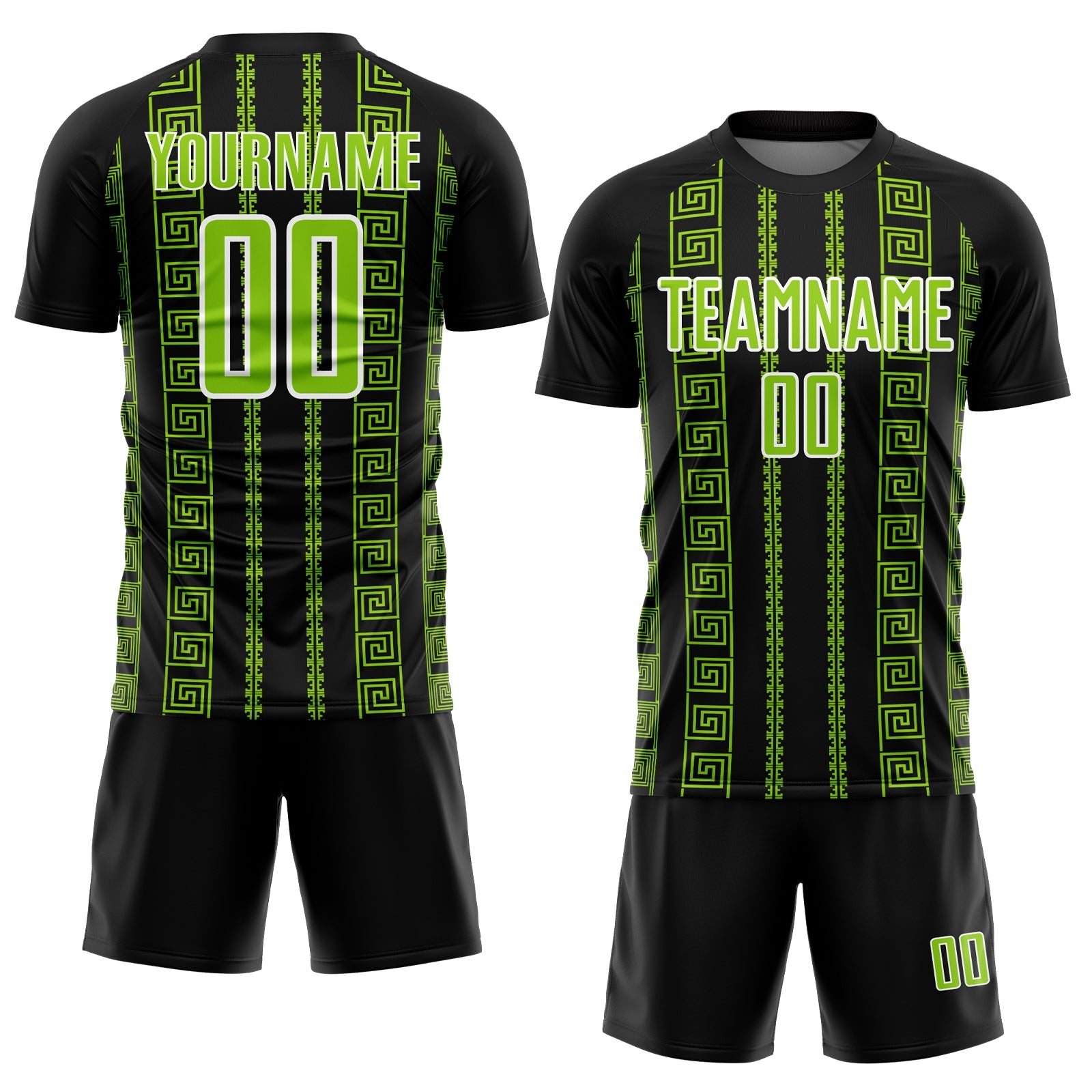 Custom Black Neon Green-White Geometric Shape Sublimation Soccer Uniform Jersey view 2
