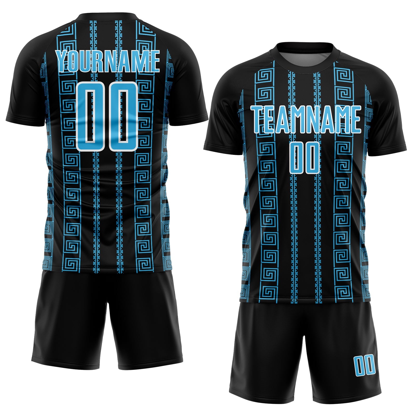 Custom Black Sky Blue-White Geometric Shape Sublimation Soccer Uniform Jersey view 2