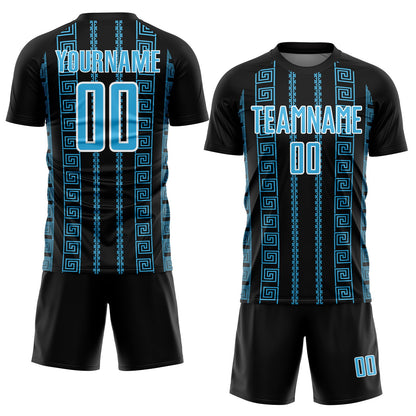 Custom Black Sky Blue-White Geometric Shape Sublimation Soccer Uniform Jersey view 2