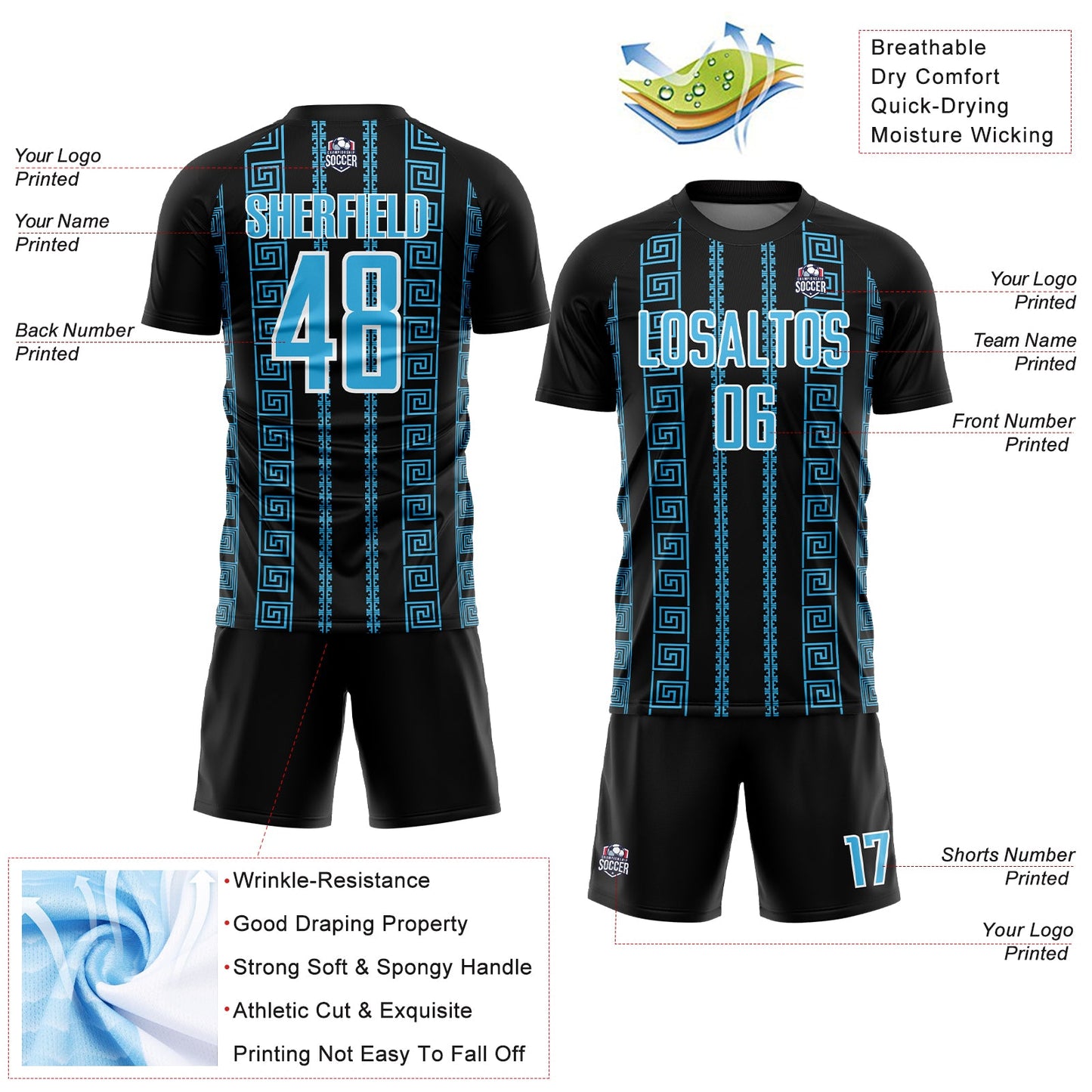 Custom Black Sky Blue-White Geometric Shape Sublimation Soccer Uniform Jersey view 4
