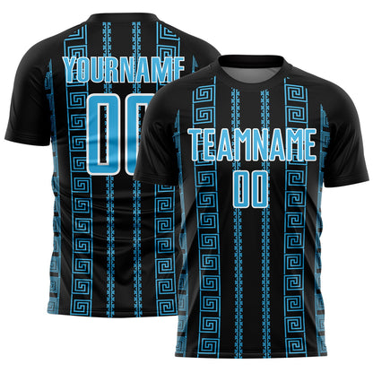 Custom Black Sky Blue-White Geometric Shape Sublimation Soccer Uniform Jersey - Main View