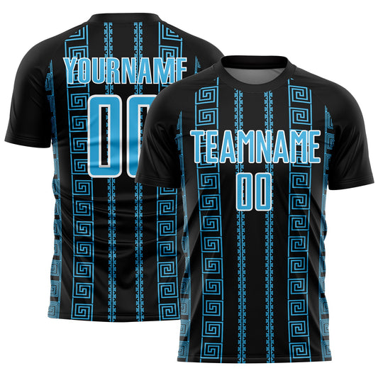Custom Black Sky Blue-White Geometric Shape Sublimation Soccer Uniform Jersey - Main View