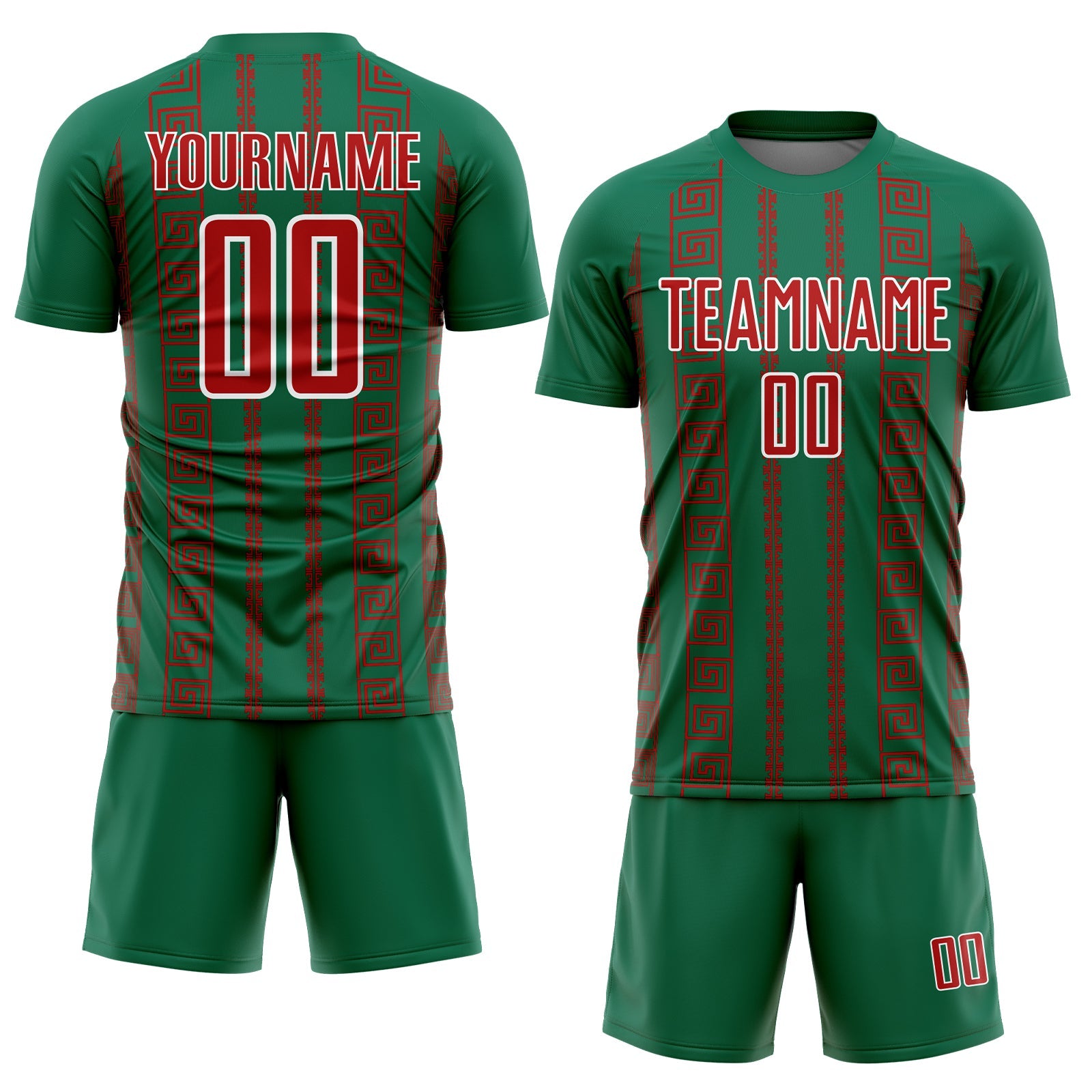 Custom Kelly Green Red-White Geometric Shape Sublimation Soccer Uniform Jersey view 2