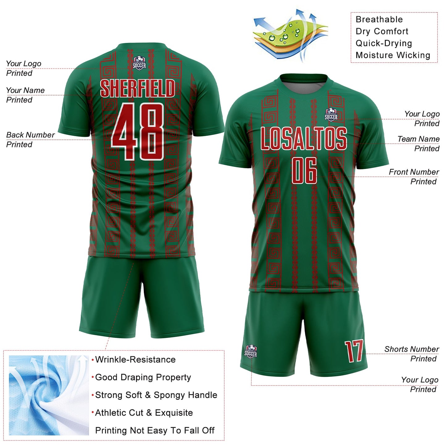Custom Kelly Green Red-White Geometric Shape Sublimation Soccer Uniform Jersey view 4