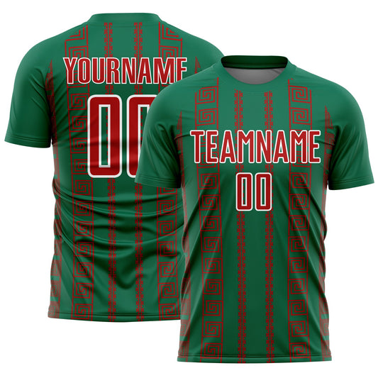 Custom Kelly Green Red-White Geometric Shape Sublimation Soccer Uniform Jersey - Main View