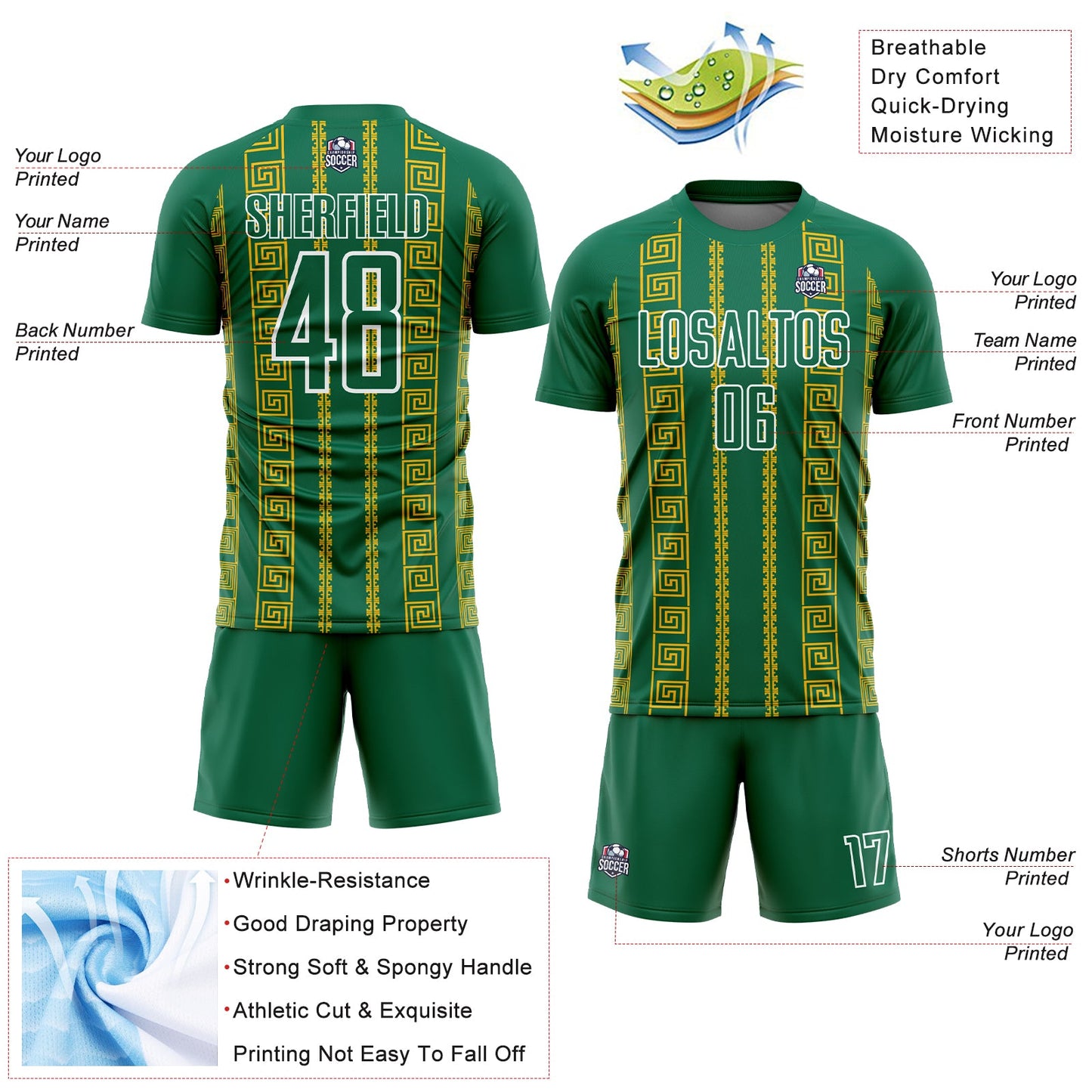 Custom Kelly Green Gold-White Geometric Shape Sublimation Soccer Uniform Jersey view 4