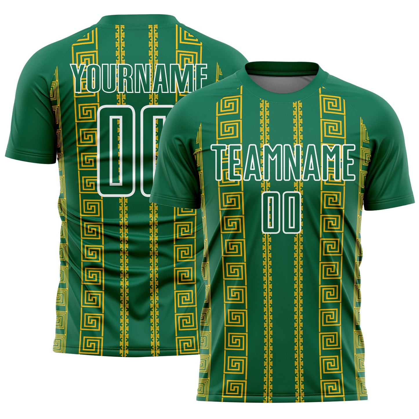 Custom Kelly Green Gold-White Geometric Shape Sublimation Soccer Uniform Jersey - Main View