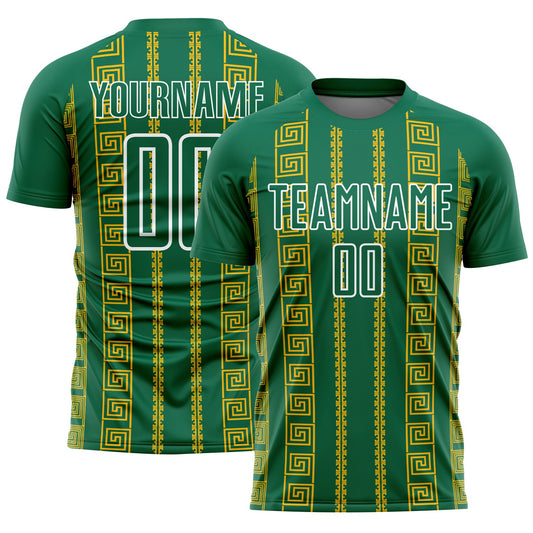 Custom Kelly Green Gold-White Geometric Shape Sublimation Soccer Uniform Jersey - Main View