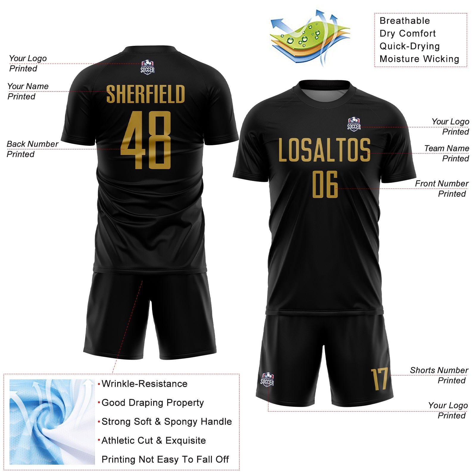 Custom Black Old Gold Sublimation Soccer Uniform Jersey view 4