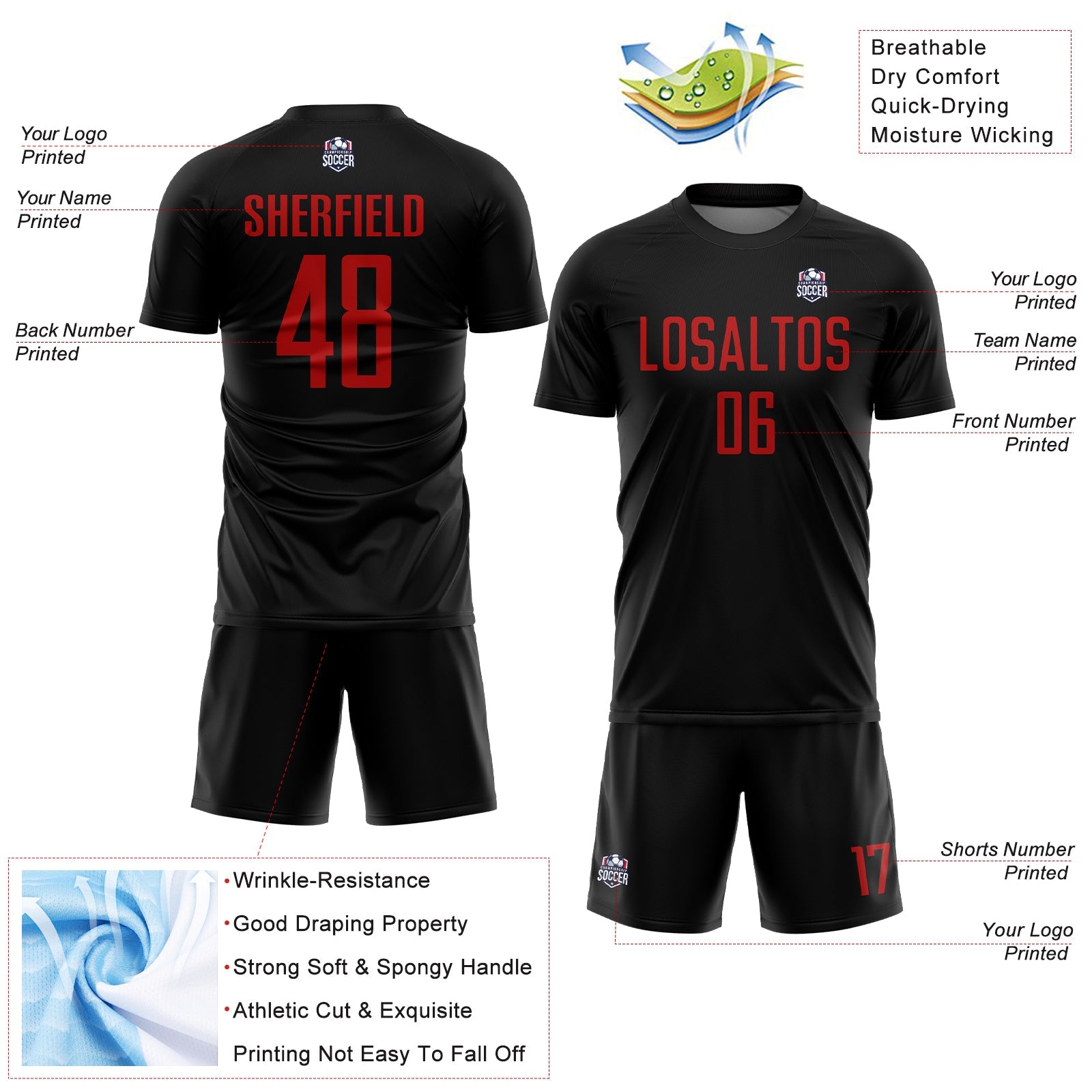 Custom Black Red Sublimation Soccer Uniform Jersey view 4