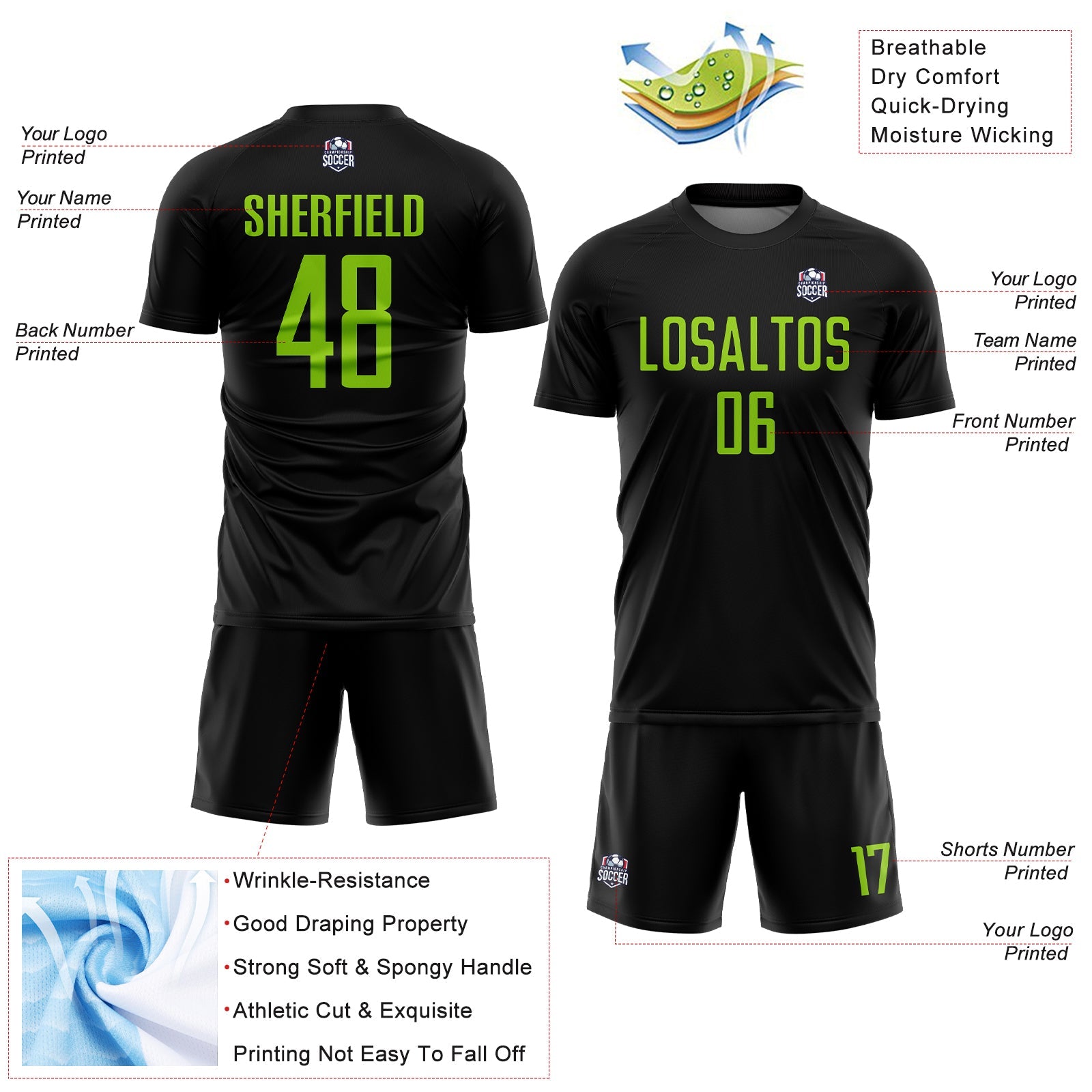 Custom Black Neon Green Sublimation Soccer Uniform Jersey view 4