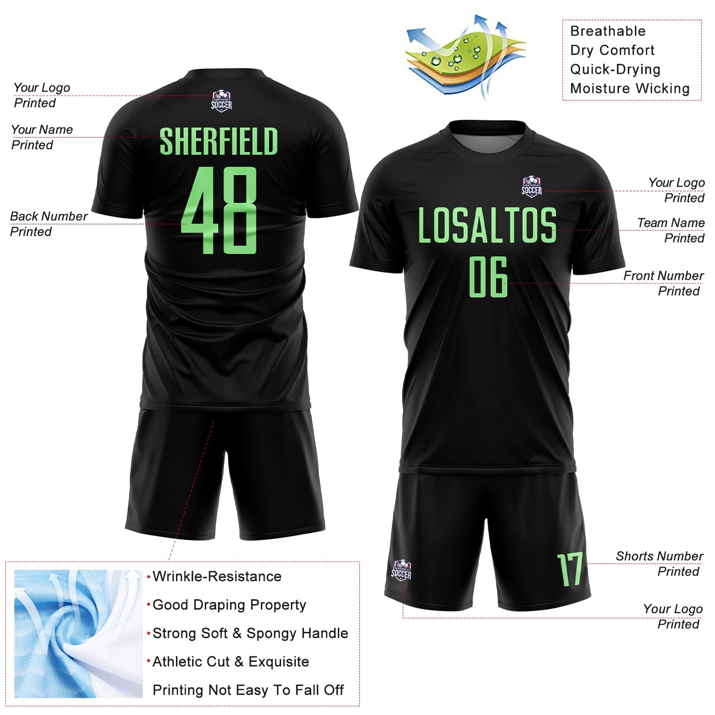Custom Black Pea Green Sublimation Soccer Uniform Jersey view 4