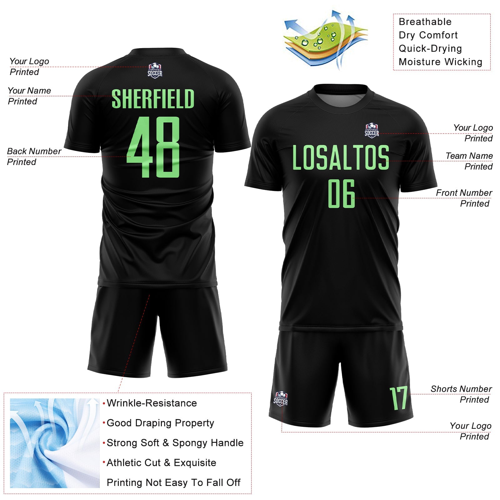 Custom Black Pea Green Sublimation Soccer Uniform Jersey view 4