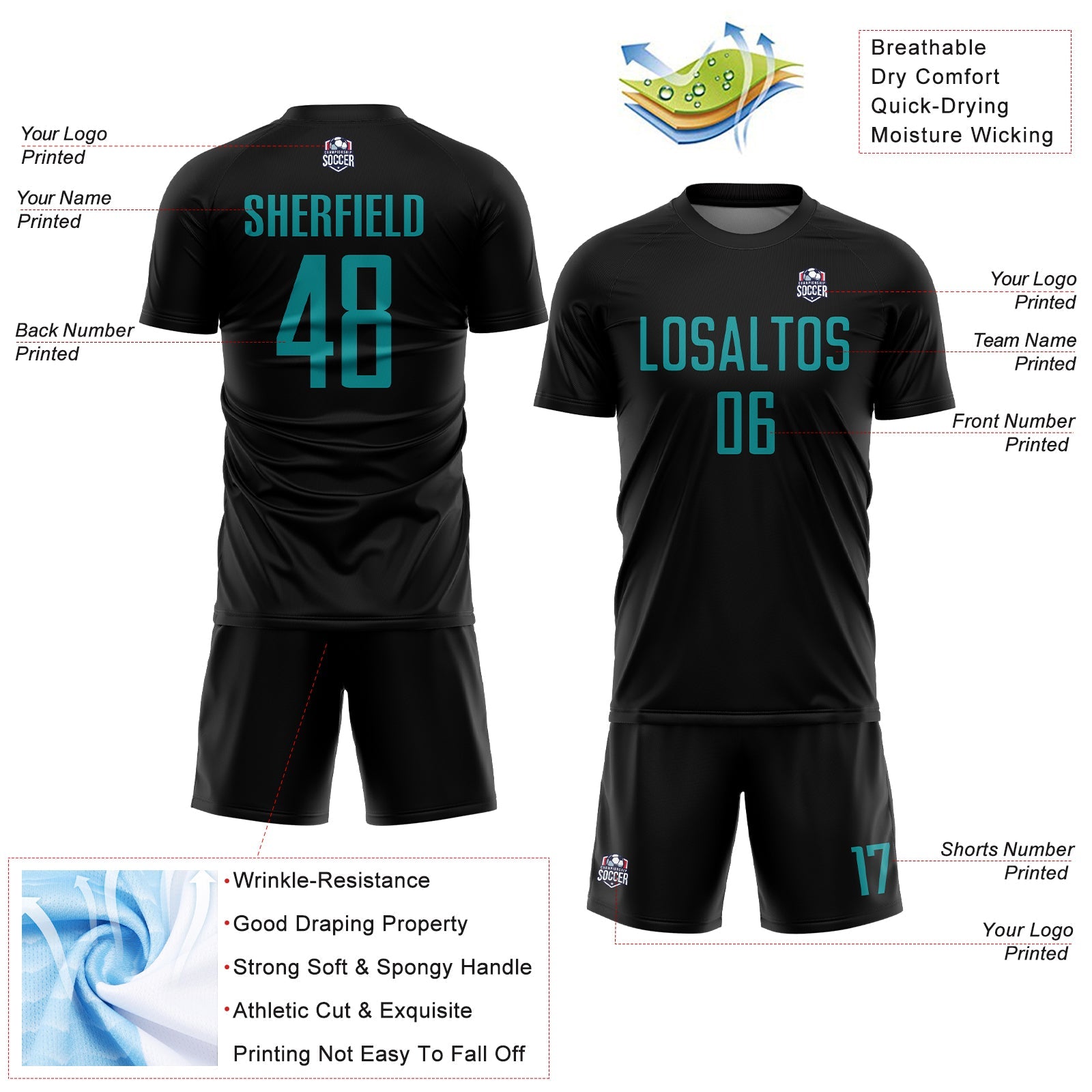 Custom Black Teal Sublimation Soccer Uniform Jersey view 4
