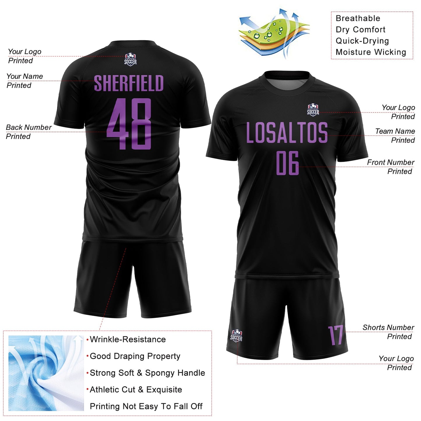 Custom Black Medium Purple Sublimation Soccer Uniform Jersey view 4