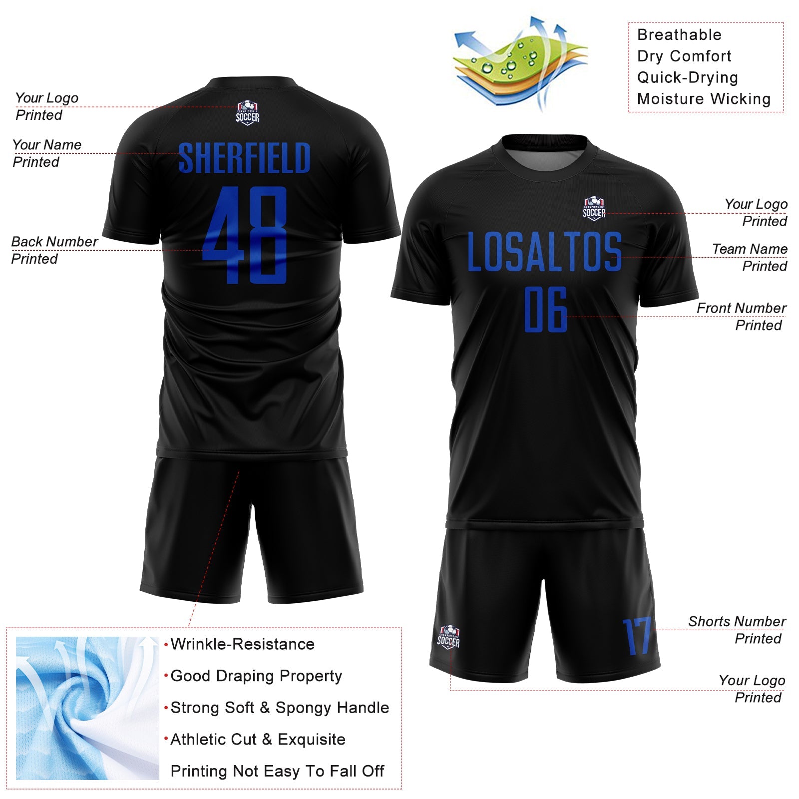 Custom Black Thunder Blue Sublimation Soccer Uniform Jersey view 4