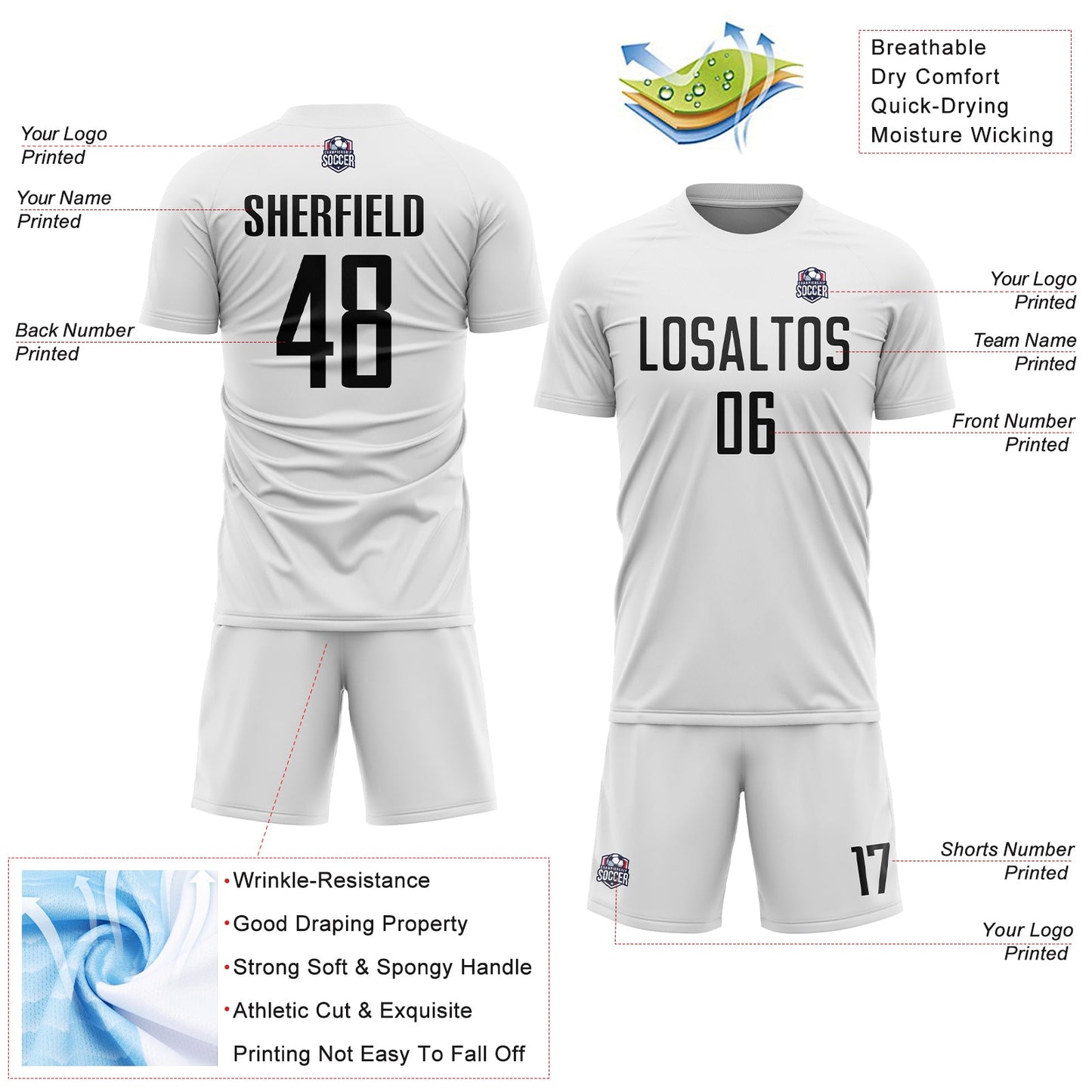 Custom White Black Sublimation Soccer Uniform Jersey view 4